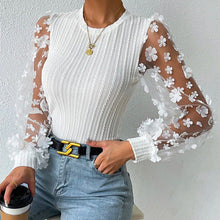 Load image into Gallery viewer, Women&#39;s Mesh Small Flower Chiffon Shirt, Women&#39;s Spring/summer Round Neck Slimming Pullover Long Sleeved Top