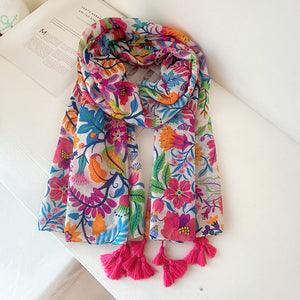 Bohemian colorful flowers, cotton and linen hand scarf, sunscreen, beach scarf, scarf scarf woman