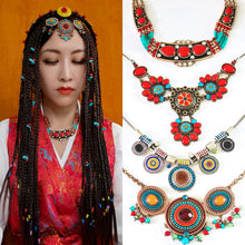 Load image into Gallery viewer, Hair ornament headwear alloy Tibetan Necklace ethnic style fresh gold-plated oil drop color glaze set Pendant Silver Gold Red Green