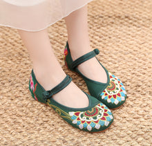 Load image into Gallery viewer, Canvas embroidered cloth shoes women&#39;s shoes single shoe one-line buckle low heel