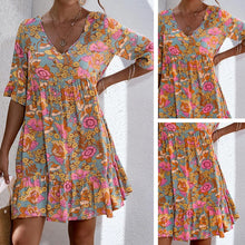 Load image into Gallery viewer, Spring/Summer Ruffled Mid Sleeve Printed Women&#39;s Dress with Loose Pleated Dress