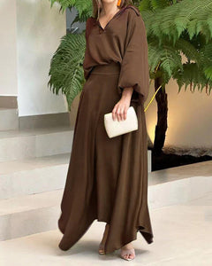 New Loose Large Size Solid Color Long Sleeve Top High Waist Long Skirt Suit