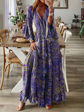 Load image into Gallery viewer, Bohemian Style Bell Sleeve Print V-neck High-waisted Resort Dress Floral Women&#39;s Dress