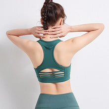 Load image into Gallery viewer, Sports bra back pocket shock absorption sexy bar stitching mesh sports jacket yoga top