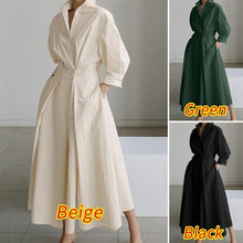 Load image into Gallery viewer, Cotton and Linen Net Color Lapel /POLO Collar Shirt Sleeve Elastic Waist Big Swing Dress