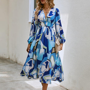 Bohemian Style New Spring and Autumn Deep V Print High Waisted Casual Long Sleeved Mid Length Dress