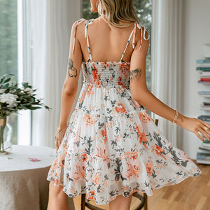Printed lace-up backless slim suspender dress sweet summer holiday chiffon dress