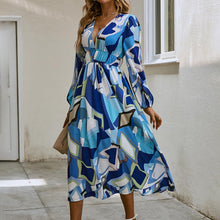 Load image into Gallery viewer, Bohemian Style New Spring and Autumn Deep V Print High Waisted Casual Long Sleeved Mid Length Dress