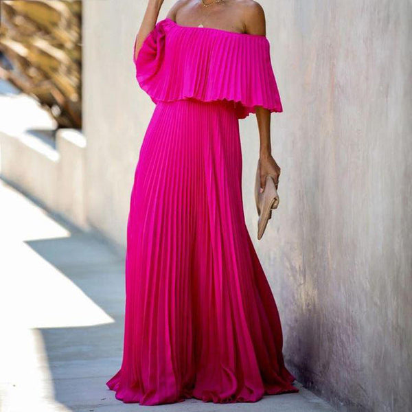 Women's long skirt sexy off-the-shoulder pleated chiffon evening dress