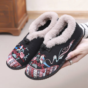 Women's Vintage Embroidery Ethnic Style Women's Warm keeping Cotton Shoes Middle aged and Old Aged Thick velvet Mother's Shoes Cotton Boots