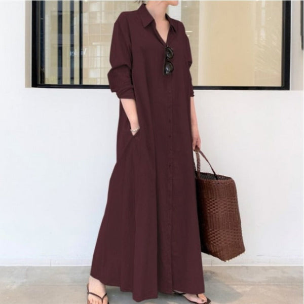 New solid color simple loose casual long shirt dress