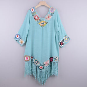 New Off The Shoulder half Sleeve Hook Pattern Stitching Irregular Tassel Beach Cover Up Shirt Ethnic Style Dress