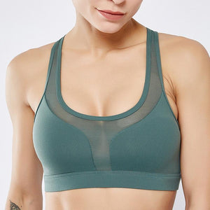 Sports bra back pocket shock absorption sexy bar stitching mesh sports jacket yoga top
