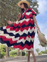 Load image into Gallery viewer, Summer Shirt Collar Print Ripple Large Swing Short Sleeved Dress Long Skirt