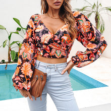 Load image into Gallery viewer, Spring and summer crossover V-neck print crop top chiffon