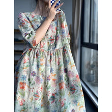 Load image into Gallery viewer, Summer Printing Unique and Unique Skirt Round Neck Forest Cotton Linen Imitation Ramie Fragmented Flower Dress
