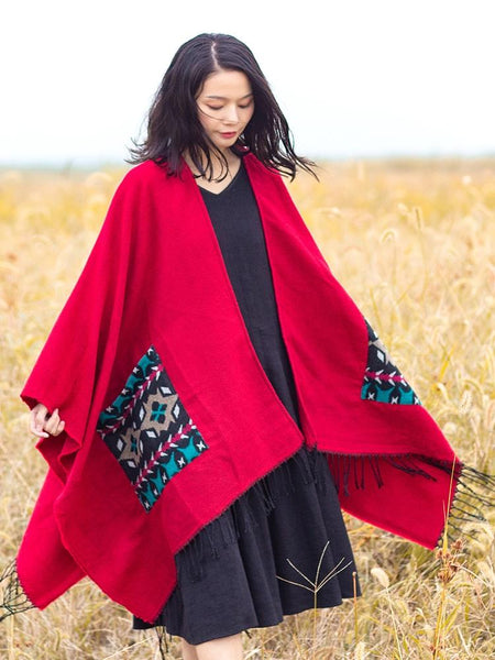 Open Fork Pockets Fethnic  Scarf Women with Spring and Autumn Outside with Air-conditioned Shawl Cloak