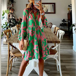 Women's dress long sleeve print bell sleeves women's midi dress