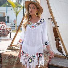 Load image into Gallery viewer, New Off The Shoulder half Sleeve Hook Pattern Stitching Irregular Tassel Beach Cover Up Shirt Ethnic Style Dress