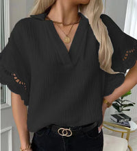 Load image into Gallery viewer, New Summer Lace Trim V Neck Short Sleeve Casual Shirt