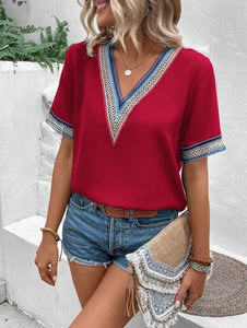 Women's V-neck lace casual solid color shirt