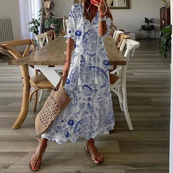 Casual sweet V-neck print pendant short sleeves midi dress woman