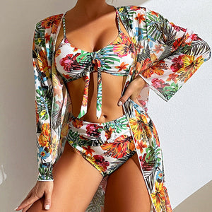 Swimsuit long sleeve blouse, split three-piece set printed sexy swimsuit women