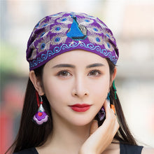 Load image into Gallery viewer, National style embroidered thin cotton and linen hat Women&#39;s hat Peacock embroidered hat Tie scarf hat