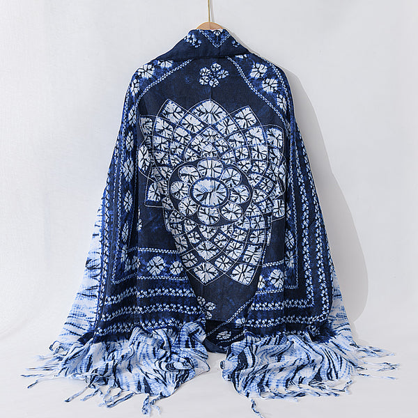 Retro ethnic scarf women's spring and autumn imitation blue dyed wild literary long summer sun protection holiday shawl scarf
