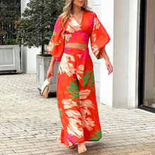 Load image into Gallery viewer, New Sweet Printed V-Neck Lantern Sleeve Short Shirt High Waist Wide Leg Pants Two Piece Set