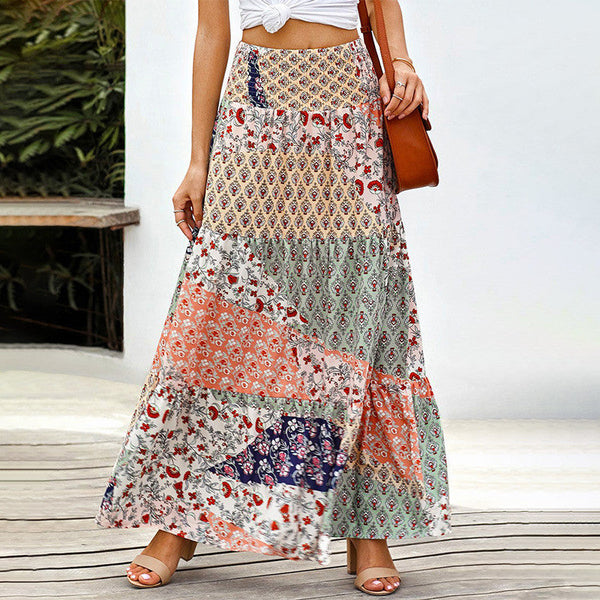 Printed skirt summer ethnic style high waist thin A-line skirt