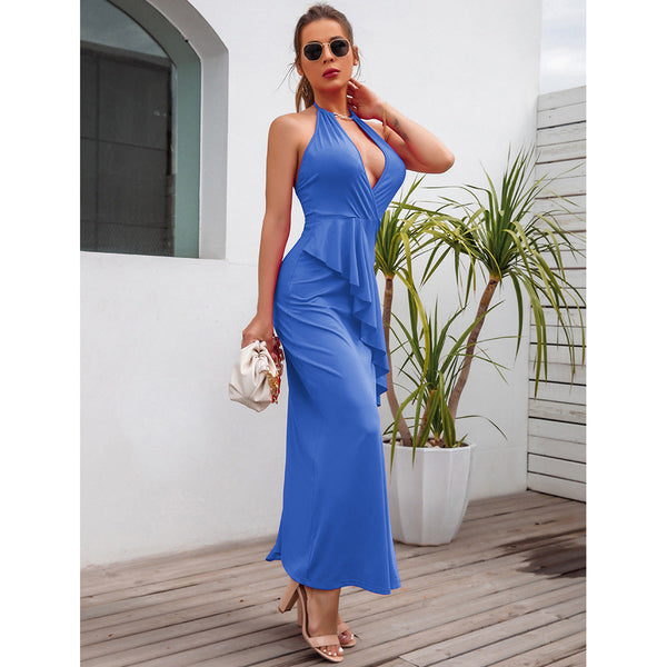 Women's temperament slit pleated suspender dress evening dress