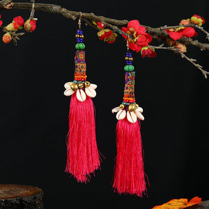 Retro national style contrast color pommel Earrings exaggerated personality Bohemian holiday long tassel temperament Earrings women