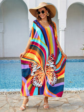 Load image into Gallery viewer, Cotton Colorful Stripe Butterfly Print Beach Coverup Robe Style Holiday Sunscreen Shirt Swimwear Coverup