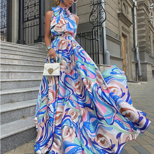 French dress chiffon halter type blue high-waist temperament printed dress