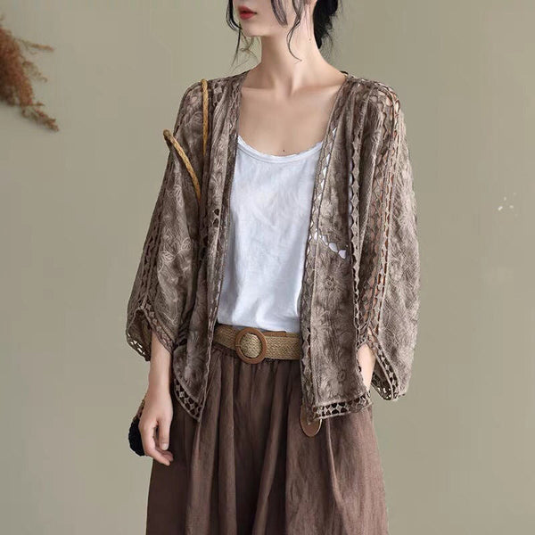 Spring/Summer Cotton Embroidered Lace Cardigan Short Bat Sleeves Loose Shawl 7/4 Sleeve Air Conditioning Sun Protection Cover Up