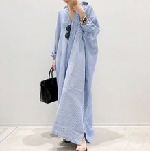 Load image into Gallery viewer, Cotton and linen striped cardigan loose size commuting irregular dress