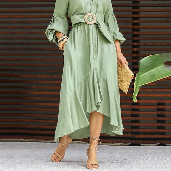 Green dress dress fashion casual Vneck lapel long dress