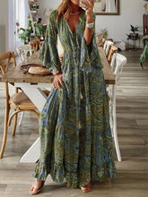 Load image into Gallery viewer, Bohemian Style Bell Sleeve Print V-neck High-waisted Resort Dress Floral Women&#39;s Dress