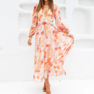 Bohemian Style New Spring and Autumn Deep V Print High Waisted Casual Long Sleeved Mid Length Dress