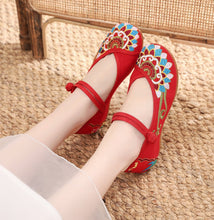 Load image into Gallery viewer, Canvas embroidered cloth shoes women&#39;s shoes single shoe one-line buckle low heel