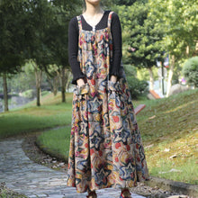 Load image into Gallery viewer, Spring and Autumn Ethnic Style Printed Cotton Hemp Strap Dress Loose Swing Large Pocket Long Dress