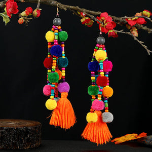 Retro national style contrast color pommel Earrings exaggerated personality Bohemian holiday long tassel temperament Earrings women