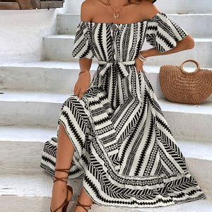 Bohemian Off Shoulder High Waist Lace up Casual Stripe Plaid Dress