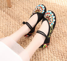Load image into Gallery viewer, Canvas embroidered cloth shoes women&#39;s shoes single shoe one-line buckle low heel