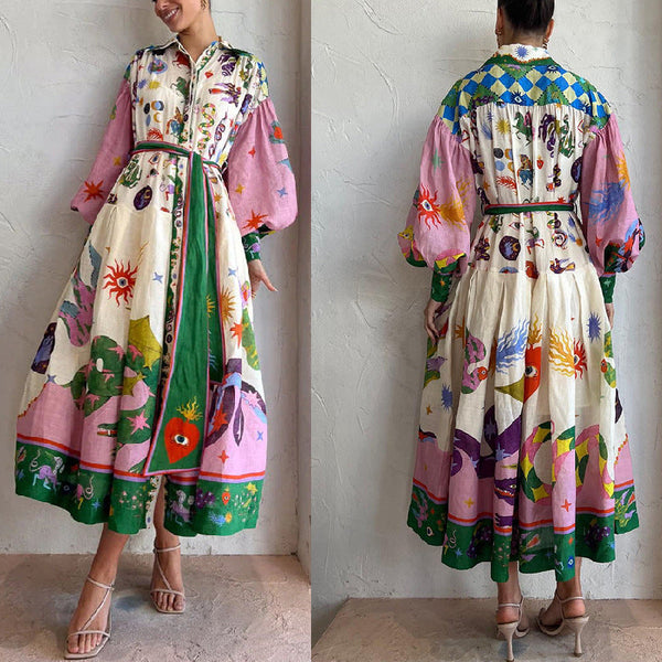 New Retro French Palace Style Pleated Super Pendulum Printed Long Sleeve Loose Dress