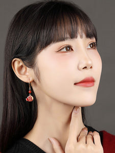 Antique Red Earrings with Cheongsam Retro Temperament Joker Jade Sterling Silver Ethnic Vintage Style Earrings