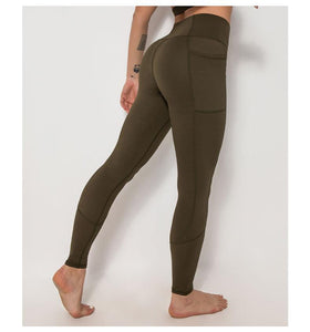 Spliced pocket size double-sided nylon high elastic sports high waist hip tight yoga pants women.