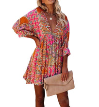 Load image into Gallery viewer, Sexy V-neck waist printed bohemian dress