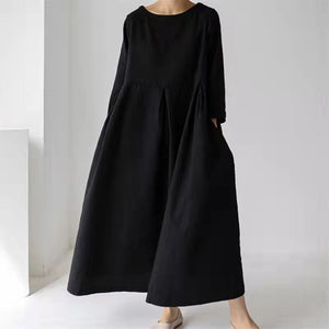 Loose Plus-size Dress Fat Japanese Cotton and Linen Round Neck Pullover Solid Color Long Skirt Big Swing Dress